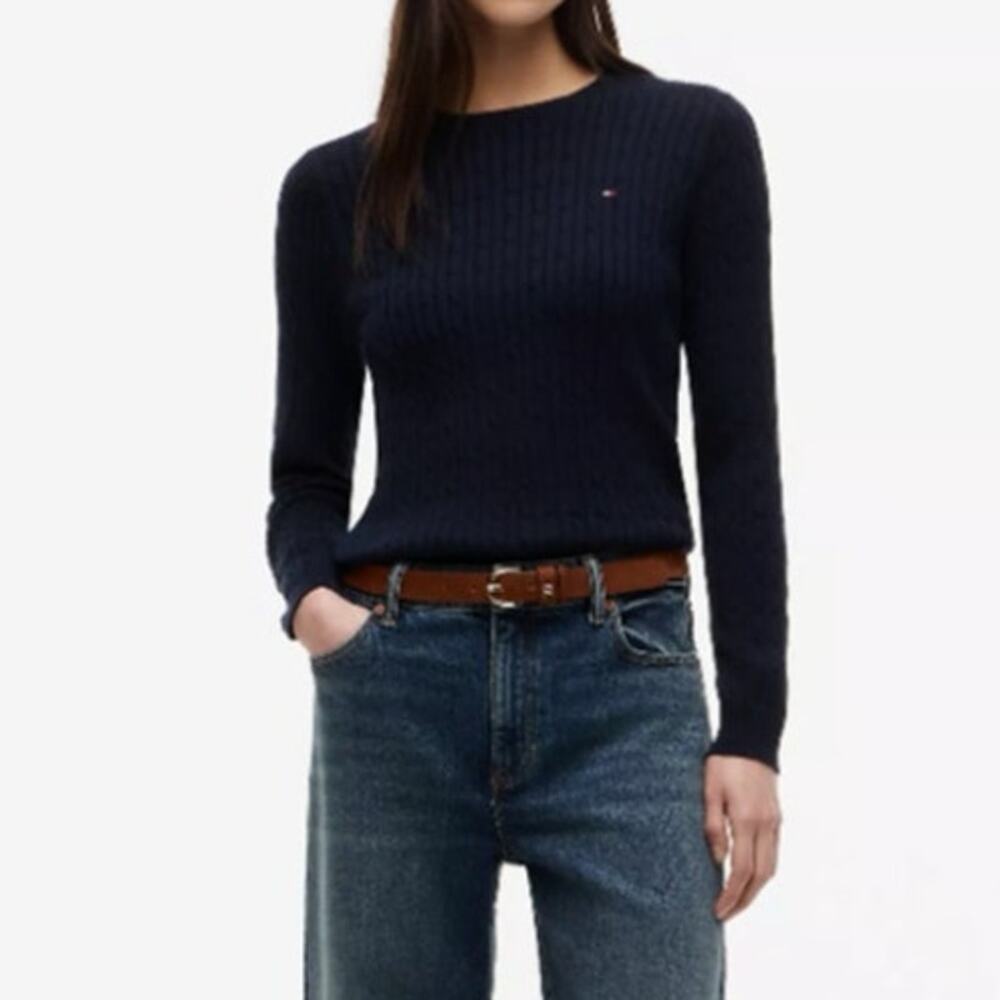 Tommy Hilfiger Navy Blue 100% Cotton Knit Ribbed Crewneck Cable Knit Sweater